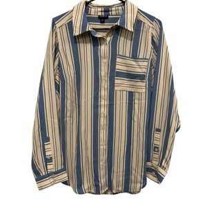 Torrid Breathable Striped Button Down Shirt Blue Cream Long Sleeve Pocket Size 0